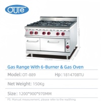 Four combiné professionnel robuste OUTE pour cuisine commerciale, gaz autonome 6 brûleurs avec four et petit meuble, en acier inoxydable SUS304/201