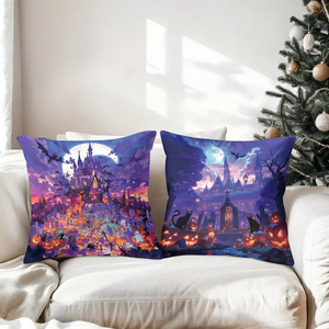 หมอนตกแต่งธีมฮาโลวีนที่มีปราสาท ฟักทอง และแมวในโทนสีม่วงและสีส้มสดใส - Product Image 3