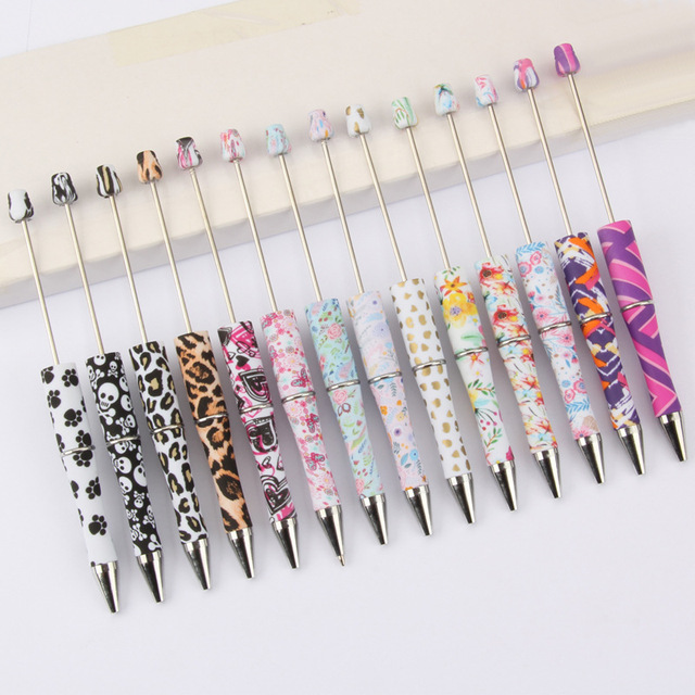 Fun and Customizable DIY Plastic Bead Pens - Handcrafted Flower Cow Print Ballpoint Pens for Promotions