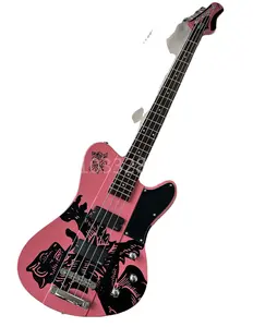 Flyoung工厂定制粉色电贝司，机身4弦低音吉他上有图案
