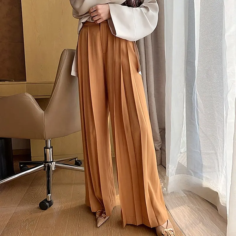 Designer casual womens stacked pants sets chiffon loose stretch pleated palazzo pleat ribbed pants plus size maxi wide leg pant