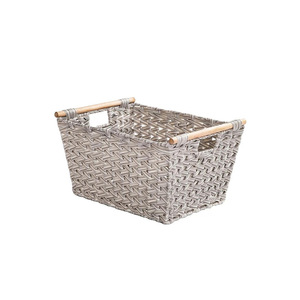 Rattan <b>Storage</b> <b>Basket</b> Rectangle Grayish White With Wooden Handle For Clothing Toy Fruit Snack <b>Storage</b> - Product Image 5