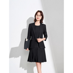 Women's Professional Black <b>Blazer</b> Dress <b>Set</b> Full Sleeve Worsted Anti-Wrinkle For Commute Autumn Winter - Product Image 3