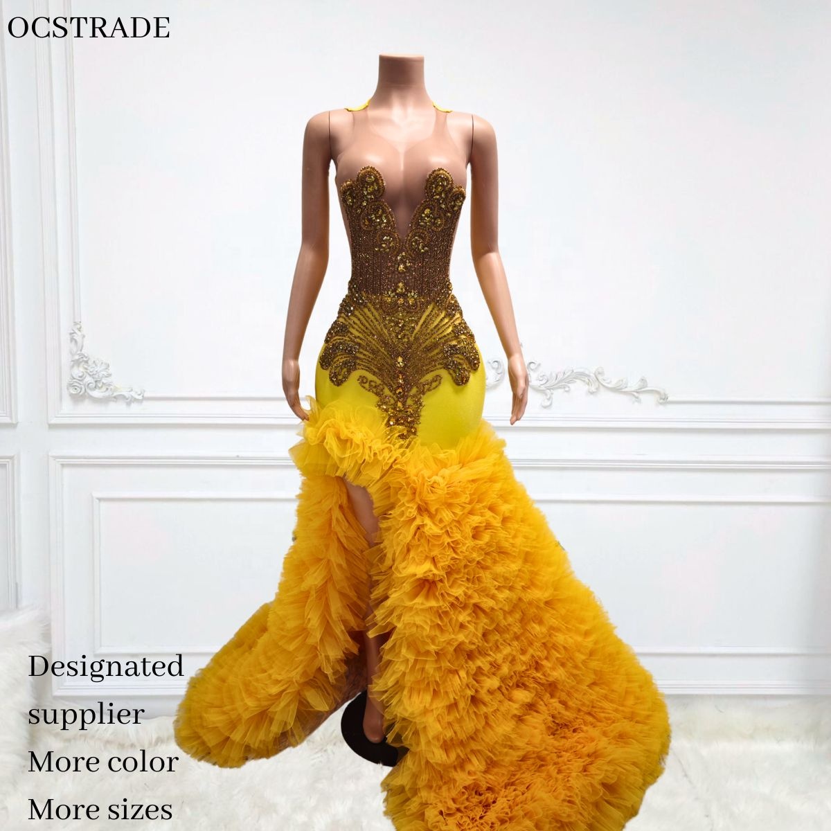 slim fit dress slacks Designer Yellow Gold One Shoulder Long Evening Prom Dress with Ruffles main image 0