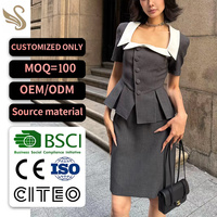 Ensemble jupe et haut peplum gris contrastant sur mesure pour femme, robe crayon à manches courtes boutonnée sur le devant, OEM ODM BSCI