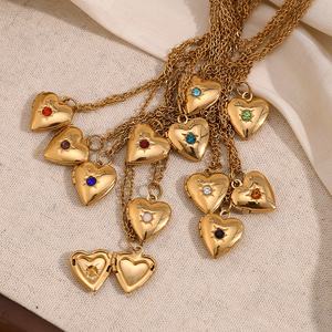 طقم قلادة بتصميم عتيق مطلي بالذهب عيار 18 قيراط ، سلسلة ربط من الفولاذ المقاوم للصدأ مقاومة للماء مع صندوق صور على شكل قلب من جوهرة المولد - Product Image 6