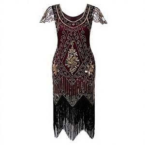 Robe de cocktail élégante à manches cloche, broderie florale, respirante, écologique, col en V vintage, avec sequins et pompons - Product Image 2