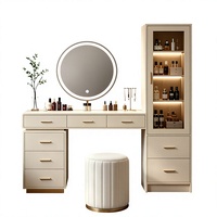 Table de maquillage de luxe moderne et minimaliste en bois pour chambre à coucher avec miroir éclairé et tiroirs, finition blanche - Utilisation hôtelière