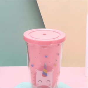 450ml Multicolor Unicorn Themed Plastic Straw Tumbler with <b>Decorative</b> Pom Pom Dome <b>Lid</b> with Straw Dome <b>Lid</b> for Kids Summer Cold - Product Image 2