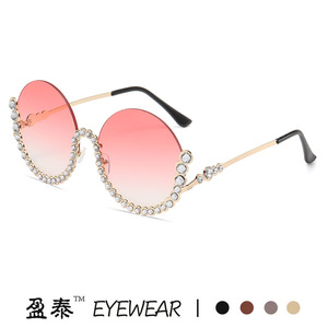 Round Diamond-Studded Metal Sunglasses Gold <b>Frame</b> <b>Pink</b> Gradient Lens Women UV400 Protection - Product Image 1