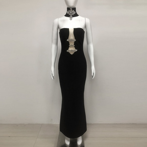 C3755 migugarment alta calidad rhinestone fuera del hombro apretado vendaje vestido largo negro de las mujeres sin espalda elegante vestido de noche - Product Image 2