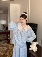 Piyama Elegan untuk Wanita Versi Korea Gaya Putri Manis Gaun Tidur Lengan Panjang Longgar Motif Kotak-kotak Bunga Kecil Set Dua Potong
