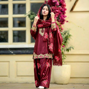 Ensemble haut de gamme Farshi Salwar Dupatta en satin japonais avec broderie et travail de sequins - Product Image 1