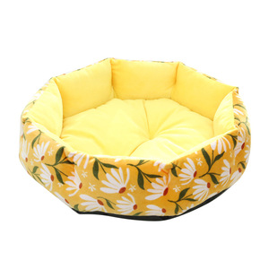 Coussin rond pour animaux de compagnie, design floral jaune, pour chien, nid chaud en peluche pour l'hiver - Product Image 5