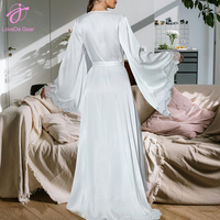 Loveda - Camisón de Satén con Encaje para Mujer, Sexy, Transpirable, Cómodo, con Mangas de Campana y Lazo, para Verano