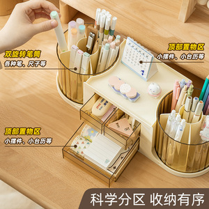 Creative Pen Holder With <b>Drawers</b> Double <b>Storage</b> Box Light Luxury Office Desktop Organizer <b>Plastic</b> Multifunctional Pen Bucket - Product Image 3