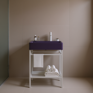 Meuble-lavabo de salle de bain autoportant 24 pouces violet brillant avec pieds en métal, étagères de rangement et vasque rectangulaire en céramique - Product Image 2