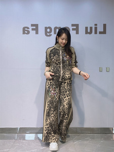 European and American women's fashion: <b>leopard</b> <b>print</b> patchwork, rhinestone-embellished, stand-up collar, long-sleeved casual set - Product Image 5