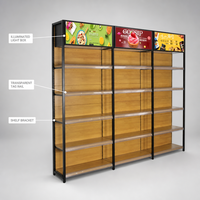 Nouvelle conception d'étagère de supermarché à quatre poteaux, en métal avec panneau à grain de bois, simple ou double face, pour boutique de détail