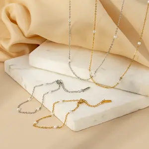 Non Tarnish 18K Pvd Gold Gold Necklace With Pearl Soldering Waterproof Dainty Thin Chain Stainless Steel Beaded Necklace
