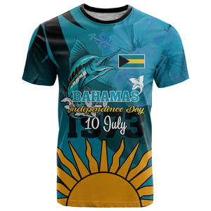 T-shirt da uomo personalizzate all'ingrosso con stampa su richiesta della bandiera nazionale delle Bahamas, modello Bahamas, in poliestere, girocollo - Product Image 4