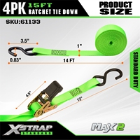 Xstrap 1 pouce 15 pieds 4 pièces Attaches à cliquet avec crochets en S pour SUV, barres de toit de voiture, moto, jet ski, motoneige, tracteur de jardin.