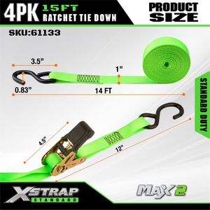 Xstrap 1 pouce 15 pieds 4 pièces Attaches à cliquet avec crochets en S pour SUV, barres de toit de <span class=keywords><strong>voiture</strong></span>, moto, jet <span class=keywords><strong>ski</strong></span>, motoneige, tracteur de jardin. - Product Image 3