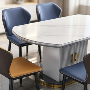 Ensemble de table à manger ovale moderne avec plateau en marbre blanc, 6 places, avec chaises en PU bleues et jaunes, meubles pour la maison - Product Image 2