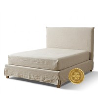 Cadre de lit réglable Queen Size moderne 100% lin doux avec housse amovible, pieds en chêne massif, lattes, assemblage simple, vente en gros