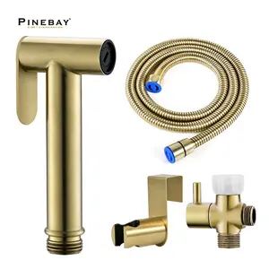 PINEBAY Good Quality Bathroom Luxury Brushed Gold Health Faucet Wall Mount Toilet Bidet Sprayer Set With Shower Hose And T-valve