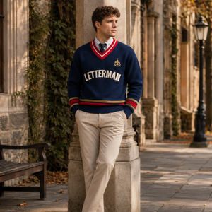 Vintage Rugby Style Knit Sweater <b>Men</b> V Neck Preppy College Style Striped <b>Pullover</b> - Product Image 1