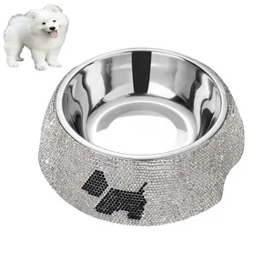 Bacia dupla aço inoxidável cão comida bacia grande alta diamante strass luxo pet tigelas