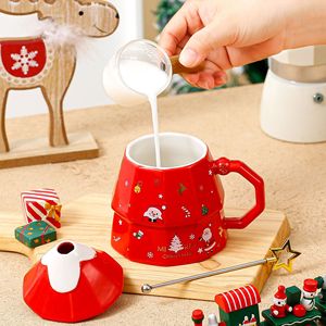 Kerstmokken van porselein met deksel, modern, schattig, 3D-boomdesign - zakelijke cadeaus voor thee/koffie - Product Image 2