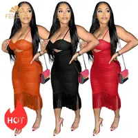 Sling Sheer Mesh Patchwork Tassel Midi Dress Women 2022 Sexy Cut Out Ruched Robe Bodycon Night Club Party Pleated Dresses