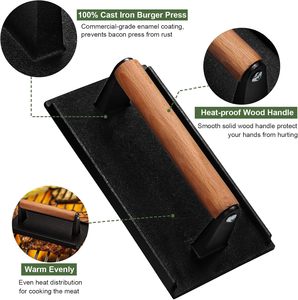 Prensa para Hamburguesas <span class=keywords><strong>Smash</strong></span>, <span class=keywords><strong>Plancha</strong></span> de Hierro Fundido Resistente, Redonda y Rectangular, Prensa para Asar Tocino con Mango de Madera - Product Image 6