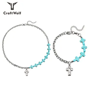 Craft Wolf couple love jewelry set neck chain bangle turquoise cross pendants splice with stainless steel necklace bracelet