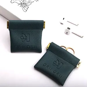 Custom Emboss Dark Green Pu Leather Key Passport Earphone Storage Pouch Closed Magnet Leather Jewelry Bags