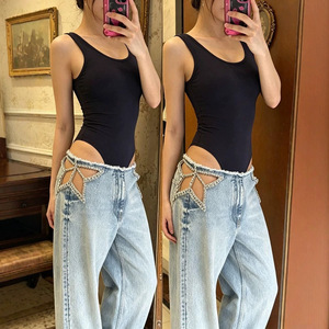 Jeans e <span class=keywords><strong>Pantaloni</strong></span> <span class=keywords><strong>Larghi</strong></span> con Design Retrò Americano e Strass a Forma di Stella, Stile Spicy Girl - Product Image 4