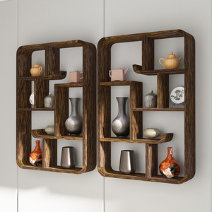 Chinese Style Solid Wood <b>Wall</b> <b>Mounted</b> Display <b>Shelf</b> Irregular Shape Multi Compartment For Teapots Study Room - Product Image 2