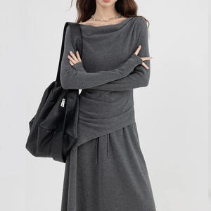 Ensemble 2 pièces décontracté pour femmes, haut asymétrique à épaules dénudées à manches longues et jupe longue, tendance - Product Image 6