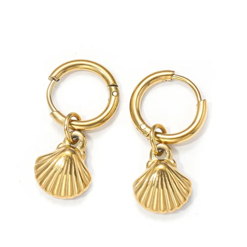 Stainless Steel Earrings Wholesale Gold Huggie Hoop Beach Women Hypoallergenic Dangle Huggies Hoop Clip on Seashell Earrings