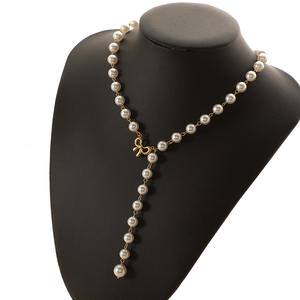 Elegant Glass <strong>Pearl</strong> <strong>Necklace</strong> and Bracelet Set Women Vintage Gold Bow <strong>Pendant</strong> Jewelry Handmade Design for Party - Product Image 1