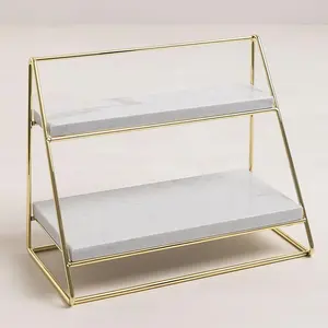 Suporte organizador de mármore 2 tier, estante de prateleira com metal e ouro para perfumes e cremes