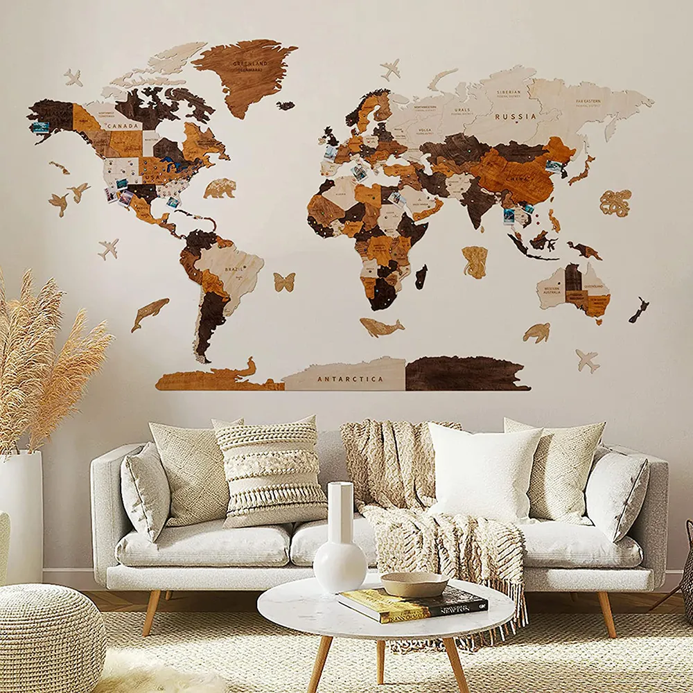 3D Wooden World Map Wall Art Home Office Wall Decor Housewarming Business Gifts