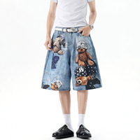 Shorts en jean baggy bleu YUANBOFEI, taille mi-haute, style urbain, imprimé ours en peluche, coupe large, polyvalents pour femme