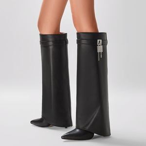 Metal Lock Thin High Heels <b>Pointed</b> Toe Overlay Shoes Dress Stiletto Pants Boots Women's Folded Over Knee High Booties - Product Image 1