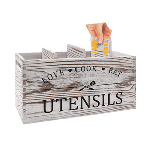 Wooden Cutlery Rack Rectangle Distressed White Black Utensil Organizer Standing Type <b>Kitchen</b> <b>Storage</b> <b>Box</b> - Product Image 2