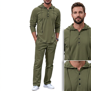 Ensemble de survêtement pour homme, vert olive, à capuche, Henley, manches longues, couleur unie, vêtements de sport décontractés, poches latérales, coton respirant - Product Image 1