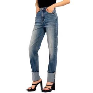 Jeans de mezclilla casuales de tiro bajo, desgastados, de pierna ancha, rectos, de color liso, lavado claro y transpirables para mujer, nueva moda 2025 - Product Image 5