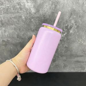 Metal Reusable Ready to Ship Gold Plated 16oz Stainless Steel Glass Can Tumbler with clear Plastic Straws - Product Image 4